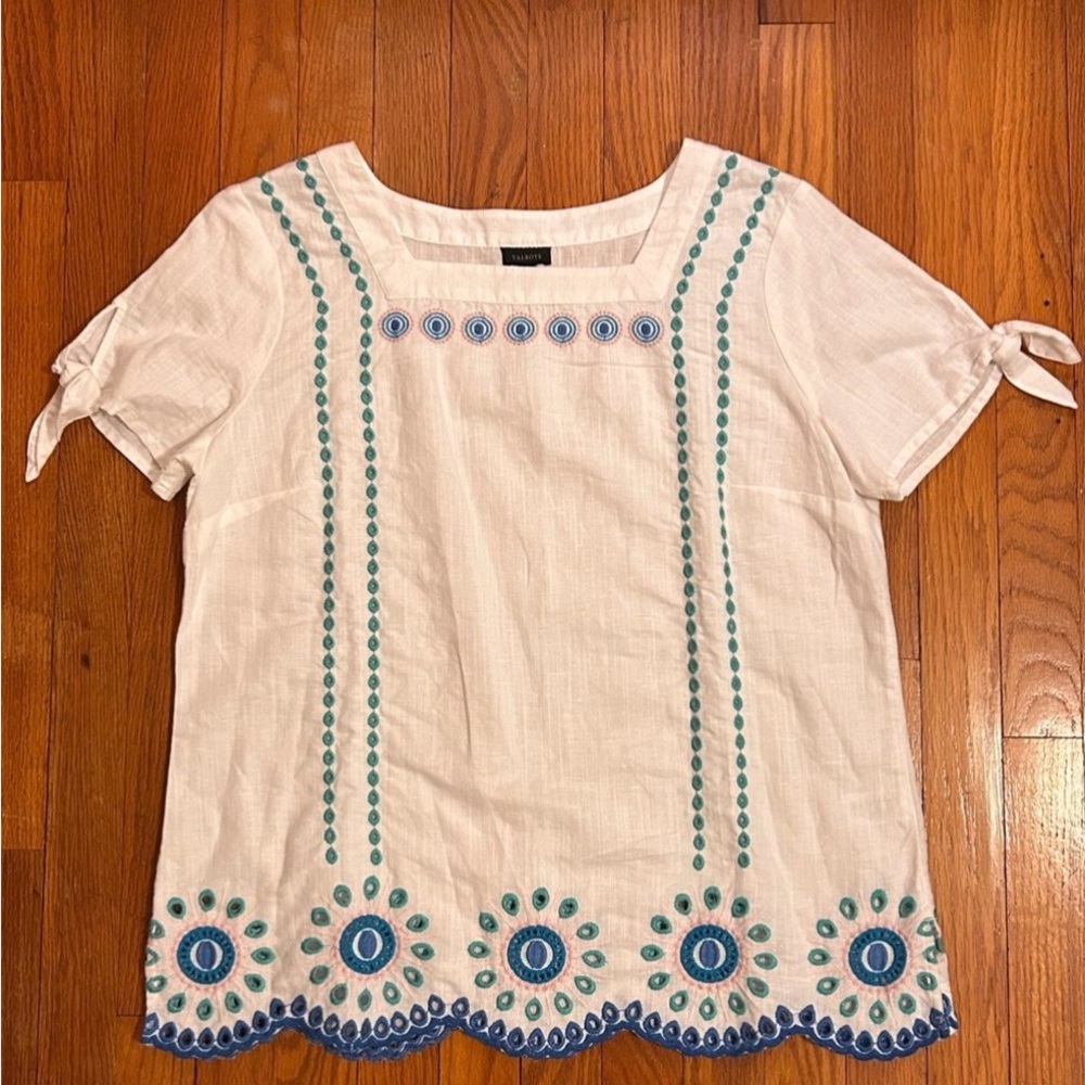 Talbots 55% Linen Embroidered Square Neck Top - Size M - Picture 2 of 12